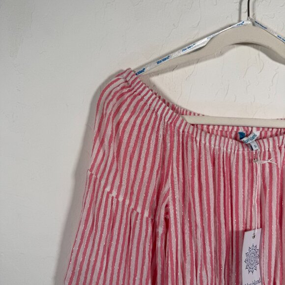 NWT Blue Island Pink White Metallic Striped Off The Shoulder Mini Dress Size S - Picture 3 of 11